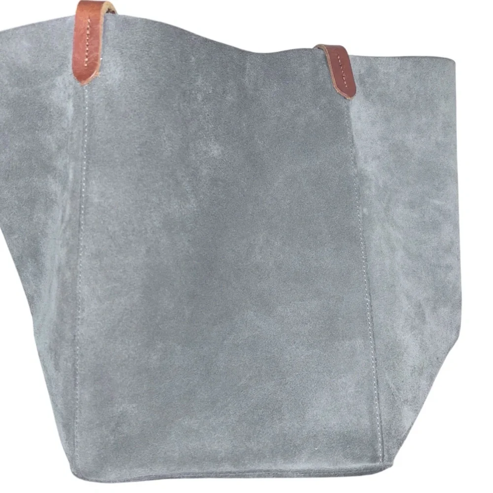 Mark And Graham Large Gray Suede Leather Purse Tote Brown Strap Shopper Bag
